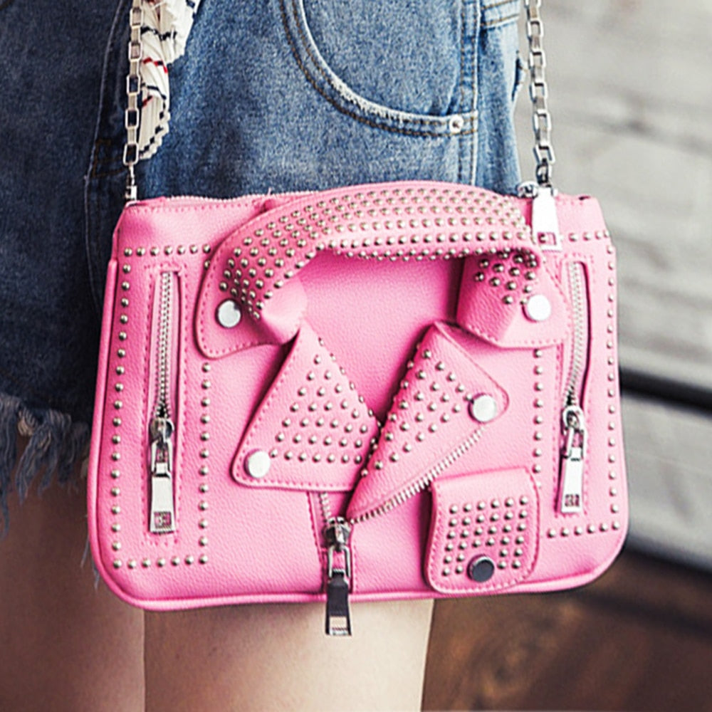 New Rivet Designer Bag For Women Jacket Shape Chain Motorcycle Bags Hip Hop Clothing Shoulder Flaps Ladies Leather Messenger Bag