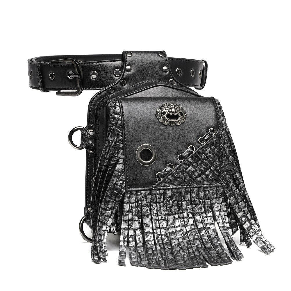 New Tassel Steampunk Waistbag for Women Punk Motorcycle Leg Bag Lady Black Retro Clothing Accessories Waist Bag Rivet Fanny Pack