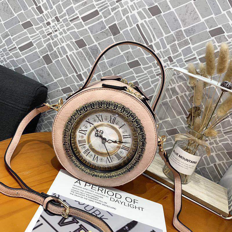 Retro Real Clock Movement Women Bags Leather Patchwork Embroidery Handbags Girls Shoulder Bags Cross Body Messenger Bag Handmade