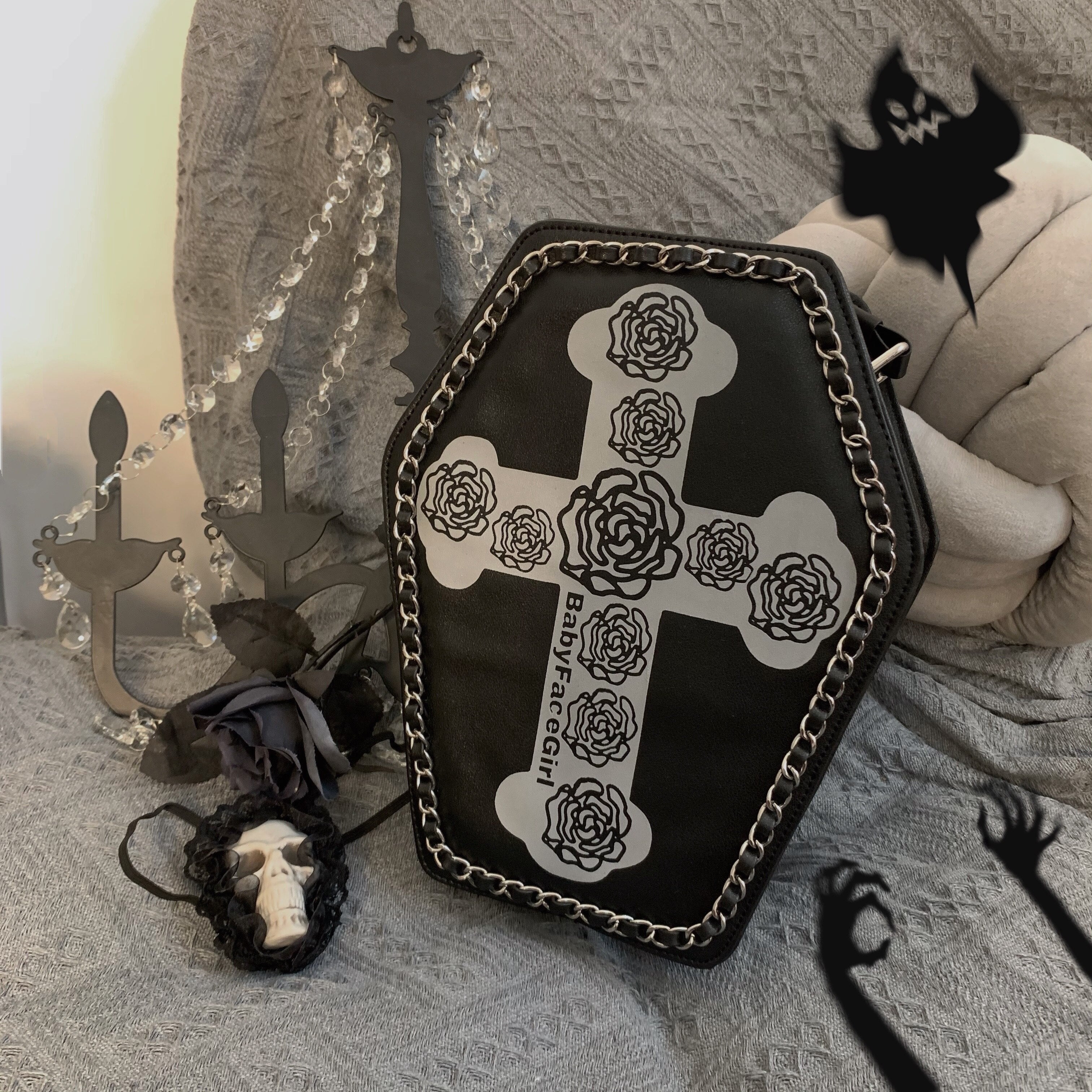 Gothic Coffin Shape Backpacks Women Halloween Shoulder Bag Embroidered Cross Rose Dark Lolita Punk Female Cosplay Messenger Bag