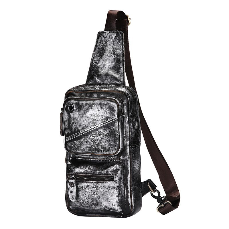 New Hot Sale Genuine Grain Leather Triangle Sling Chest Bag 8" Tablet Design One Shoulder Strap Cross-body Bag For Men Male 8020