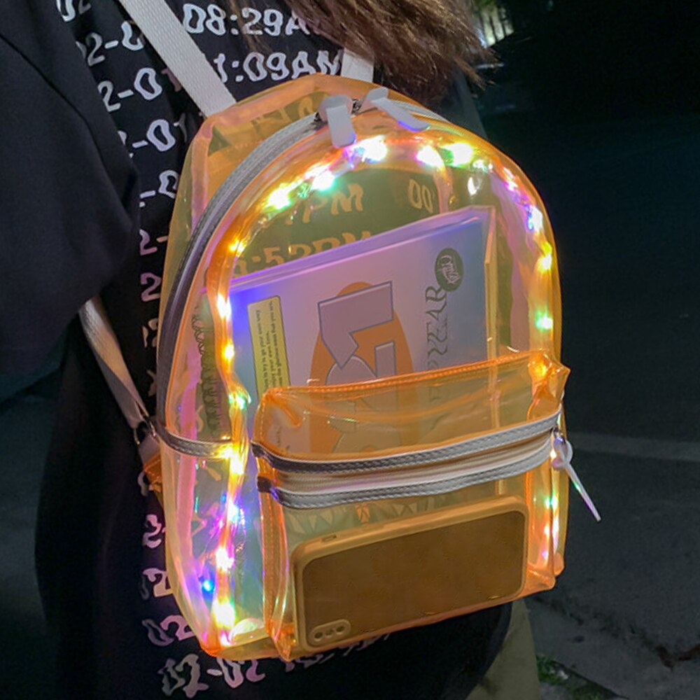 New LED Lights Backpack For Women Transparent Clear Bagpack School Bag Cool Girl Boys Lumious Night Outdoor Travel Bag Mochila