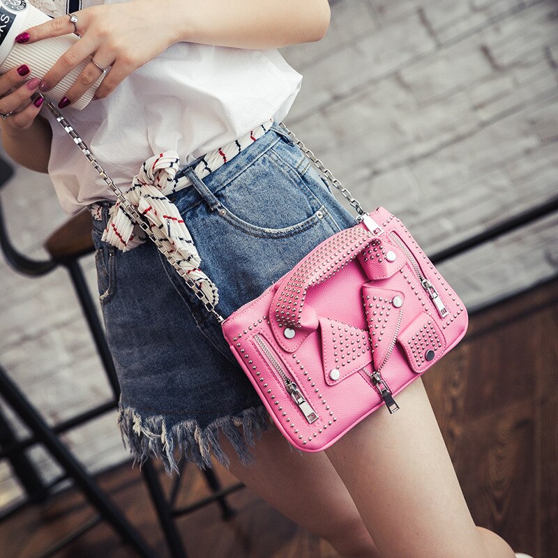 New Rivet Designer Bag For Women Jacket Shape Chain Motorcycle Bags Hip Hop Clothing Shoulder Flaps Ladies Leather Messenger Bag