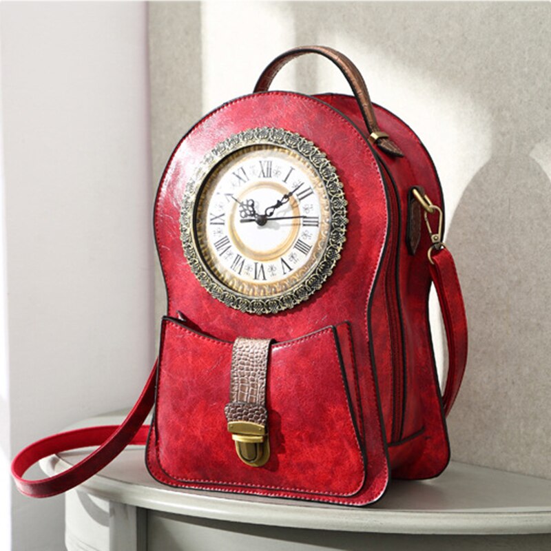 Retro Real Clock Movement Women Bags Leather Patchwork Embroidery Handbags Girls Shoulder Bags Cross Body Messenger Bag Handmade