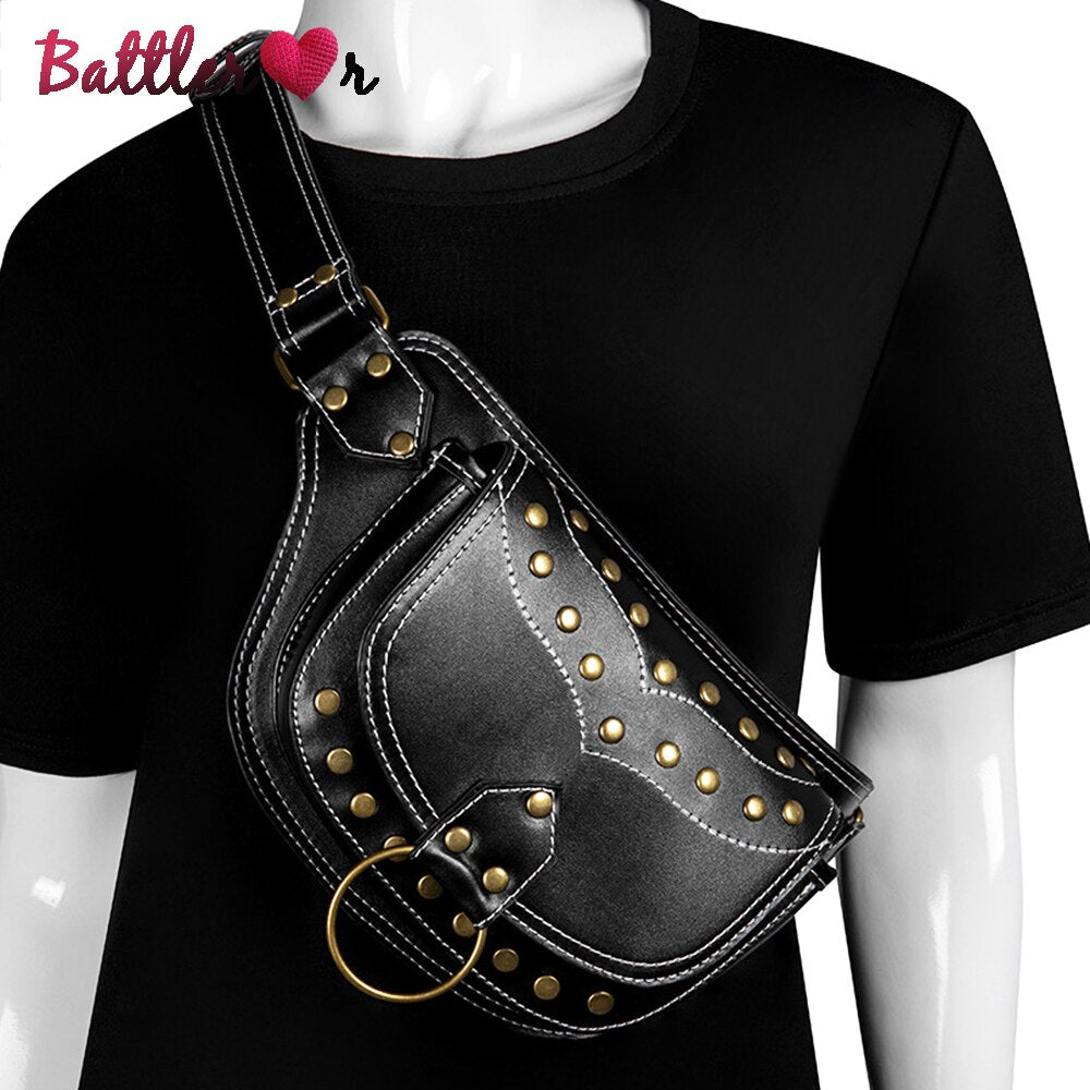 High Quality Men Rivet Punk Chest Day Back Pack Vintage Male Crossbody Bags Travel Casual Shoulder Messenger Flap Moto Waist Bag