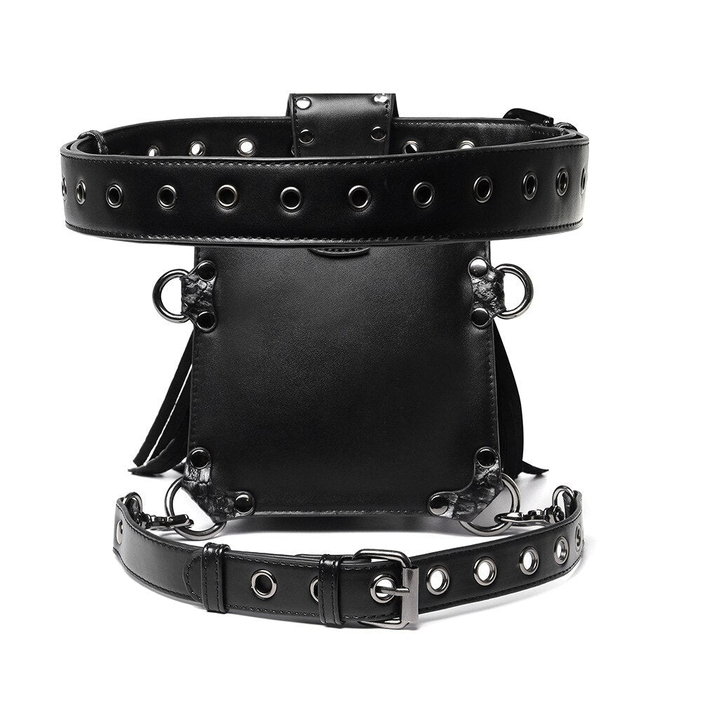 New Tassel Steampunk Waistbag for Women Punk Motorcycle Leg Bag Lady Black Retro Clothing Accessories Waist Bag Rivet Fanny Pack