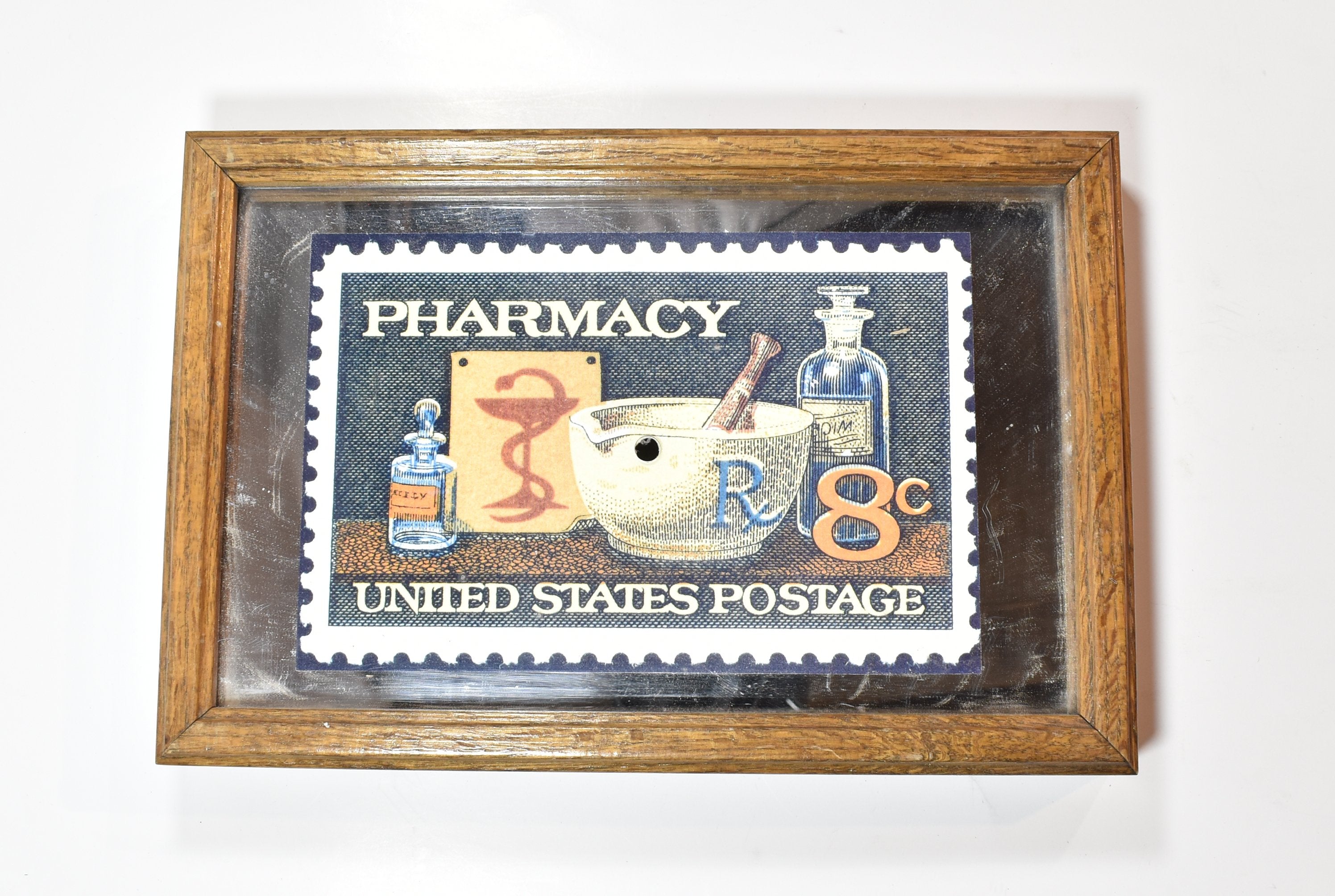 Vintage Pharmacy United States Postage Framed Mirror Collectible Stamp 8 x 12 Us