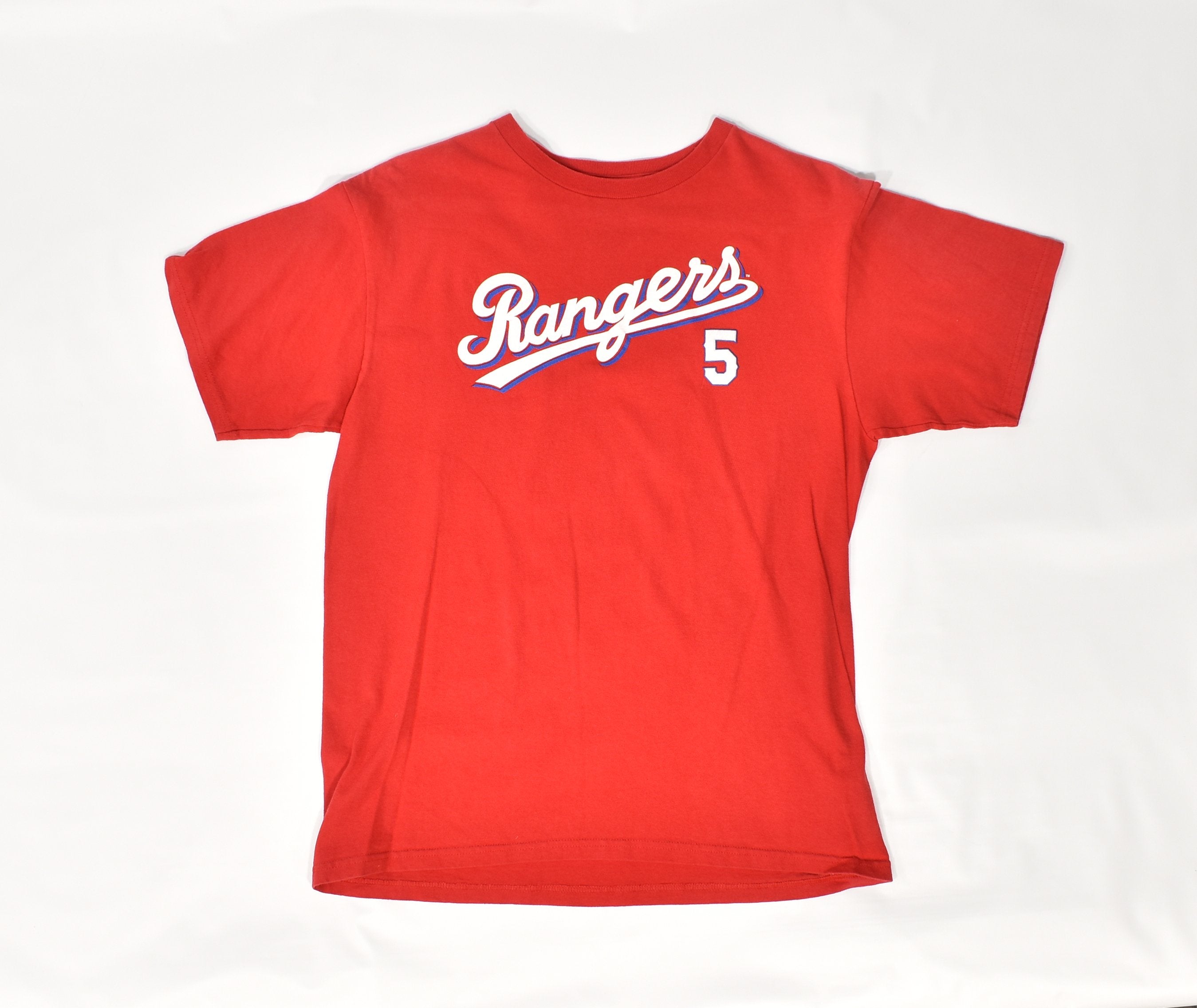 Texas Rangers mens t shirt Red 5 Kinsler Used L YOUTH !