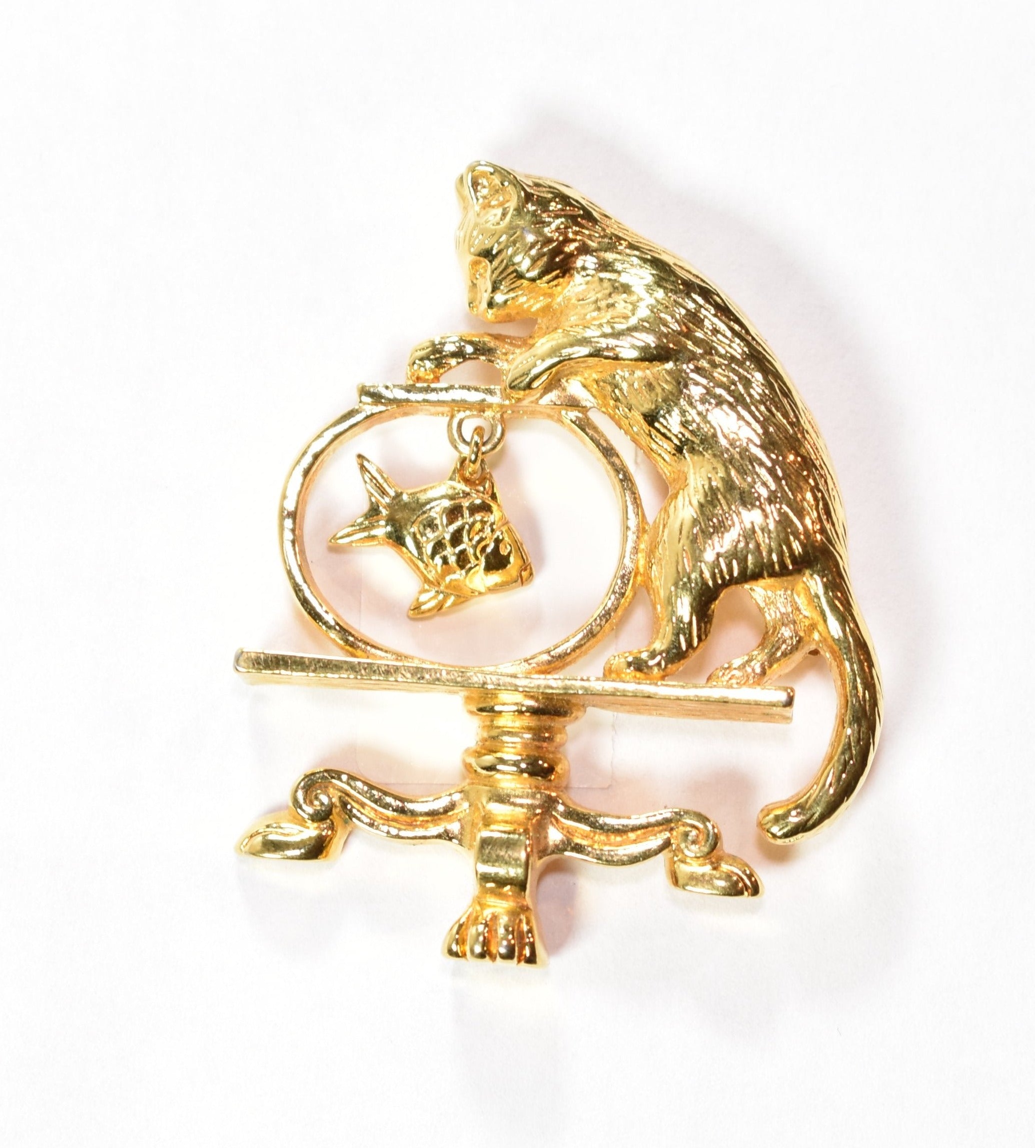 Brooch Pin Vintage Cat and fish bowl gold 2 inch pin used