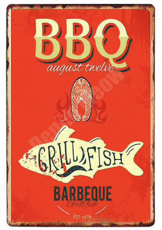 Metal Bar Sign BBQ Grill Fish